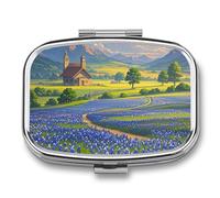 Square Texas Bluebonnets Scenery Pill Box Small Pill Case with 2 Compartment Portable Metal Medicine Organizer Mini Travel Medicine Vitamin Supplement Container for Pocket Purse