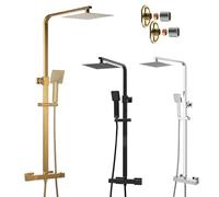 Square Thermostatic Shower Kit Twin Head Overhead Rigid Riser - Chrome Brushed Brass Matt Black (Brushed Brass)