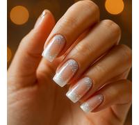 Square Tip Glitter Press On Nails - French Manicure Nude to White Gradient with Sparkle, Easy Application Medium Length False Nails for Women, Wedding, Party & Special Occasions