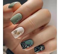 Square Tip Glossy False Nails Set with Glue - Short French Design Matte Grey Green, White & Leopard Print Artificial Nails for Women, Easy Application Kit with Glitter Accent