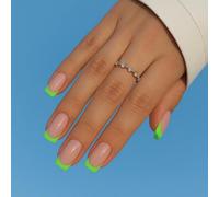 Square Tip Press on Nails with Fluorescent Green Tips & Nude Pink Base - Long Square Glossy False Nails for Women, Daily Wear, Summer Party, Manicure & Wedding, Easy to Apply, French Style Art