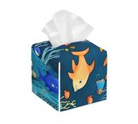 Square Tissue Box Cover/Blue Underwater World of Fish Print Leather Tissue Holder with Bottom Belt, for Modern Home Office Decor