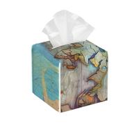 Square Tissue Box Cover/Cartoon World map Print Leather Tissue Holder with Bottom Belt, for Modern Home Office Decor