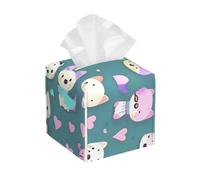 Square Tissue Box Cover/Cute Little Fox Print Leather Tissue Holder with Bottom Belt, for Modern Home Office Decor