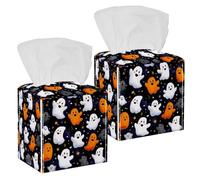 Square Tissue Box Cover, Decorative Facial Tissue Holders Storage for Bathroom Living Room Vanity Countertop Desk Car Office, Cute Halloween Party Ghosts on Dark Background.