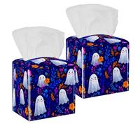 Square Tissue Box Cover, Decorative Facial Tissue Holders Storage for Bathroom Living Room Vanity Countertop Desk Car Office, Cute Halloween Ghosts and Flowers Blue Background