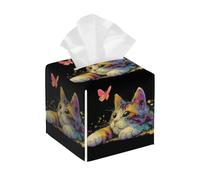 Square Tissue Box Cover Holder PU Leather Cube Tissues Case,Abstract Cat Butterfly Animal Artwork Facial Organizer Dispenser for Home Tabletop,Bathroom Vanity,Bedroom,Office
