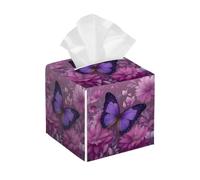 Square Tissue Box Cover Holder PU Leather Cube Tissues Case,Beautiful Purple Butterfly Flowers Facial Organizer Dispenser for Home Tabletop,Bathroom Vanity,Bedroom,Office