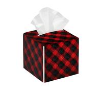 Square Tissue Box Cover Holder PU Leather Cube Tissues Case,Classic Red Tartan Plaid Facial Organizer Dispenser for Home Tabletop,Bathroom Vanity,Bedroom,Office