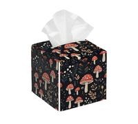 Square Tissue Box Cover Holder PU Leather Cube Tissues Case,Mushroom Plant Leaves On Black Facial Organizer Dispenser for Home Tabletop,Bathroom Vanity,Bedroom,Office