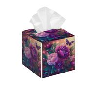 Square Tissue Box Cover Holder PU Leather Cube Tissues Case,Peonies Floral Butterflies Facial Organizer Dispenser for Home Tabletop,Bathroom Vanity,Bedroom,Office