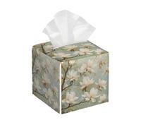 Square Tissue Box Cover Holder PU Leather Cube Tissues Case,Rustic Magnolia Flowers Facial Organizer Dispenser for Home Tabletop,Bathroom Vanity,Bedroom,Office