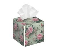 Square Tissue Box Cover Holder PU Leather Cube Tissues Case,Spring Pink Rose Flower Butterfly Facial Organizer Dispenser for Home Tabletop,Bathroom Vanity,Bedroom,Office