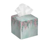 Square Tissue Box Cover Holder PU Leather Cube Tissues Case,Spring Summer Eucalyptus Leaves Pink Floral Facial Organizer Dispenser for Home Tabletop,Bathroom Vanity,Bedroom,Office