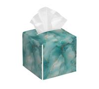Square Tissue Box Cover Holder PU Leather Cube Tissues Case,Teal Green Marble Stone Texture Facial Organizer Dispenser for Home Tabletop,Bathroom Vanity,Bedroom,Office