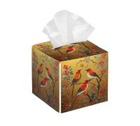 Square Tissue Box Cover Holder PU Leather Cube Tissues Case,Traditional Chinese Floral Red Bird Facial Organizer Dispenser for Home Tabletop,Bathroom Vanity,Bedroom,Office