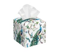Square Tissue Box Cover, Leather Tissue Cube Box Holder, Beautiful Peacock Retro Blue Bird Elegant Feather Facial Paper Case for Tabletop, Bathroom, Car, Office 5.2"x5.2"x5.2"in
