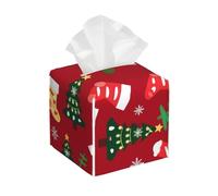 Square Tissue Box Cover, Leather Tissue Cube Box Holder, Christmas Tree And Stocking Facial Paper Case for Tabletop, Bathroom, Car, Office 5.2"x5.2"x5.2"in