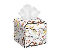 Square Tissue Box Cover, Leather Tissue Cube Box Holder, Fall Autumn Maple Leaves Birds On The Tree Facial Paper Case for Tabletop, Bathroom, Car, Office 5.2"x5.2"x5.2"in