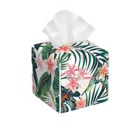 Square Tissue Box Cover, Leather Tissue Cube Box Holder, Green Palm Leaves Tropical Flowers Jungle Hibiscus Facial Paper Case for Tabletop, Bathroom, Car, Office 5.2"x5.2"x5.2"in