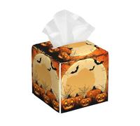 Square Tissue Box Cover, Leather Tissue Cube Box Holder, Halloween Full Moon Night Scary Pumpkin Facial Paper Case for Tabletop, Bathroom, Car, Office 5.2"x5.2"x5.2"in