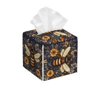 Square Tissue Box Cover, Leather Tissue Cube Box Holder, Modern Art Wild Animals Bee With Flowers Facial Paper Case for Tabletop, Bathroom, Car, Office 5.2"x5.2"x5.2"in