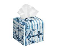 Square Tissue Box Cover, Leather Tissue Cube Box Holder, Nautical Theme Anchor Blue White Stripe Facial Paper Case for Tabletop, Bathroom, Car, Office 5.2"x5.2"x5.2"in