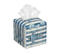 Square Tissue Box Cover, Leather Tissue Cube Box Holder, Retro Nautical Geometric Stripe Print Facial Paper Case for Tabletop, Bathroom, Car, Office 5.2"x5.2"x5.2"in