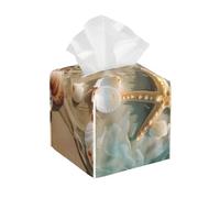 Square Tissue Box Cover, Leather Tissue Cube Box Holder, Summer Seaside Starfish Beach Theme Facial Paper Case for Tabletop, Bathroom, Car, Office 5.2"x5.2"x5.2"in