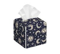 Square Tissue Box Cover, Leather Tissue Cube Box Holder, Sun Moon Starry Sky Boho Chic Art Facial Paper Case for Tabletop, Bathroom, Car, Office 5.2"x5.2"x5.2"in