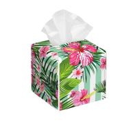 Square Tissue Box Cover, Leather Tissue Cube Box Holder, Tropical Leaves Exotic Floral Flower Stripe Print Facial Paper Case for Tabletop, Bathroom, Car, Office 5.2"x5.2"x5.2"in