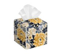Square Tissue Box Cover, Leather Tissue Cube Box Holder, Vintage Boho Floral Plant Facial Paper Case for Tabletop, Bathroom, Car, Office 5.2"x5.2"x5.2"in