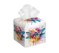 Square Tissue Box Cover, Leather Tissue Cube Box Holder, Watercolor Dragonfly Animal Nature Print Facial Paper Case for Tabletop, Bathroom, Car, Office 5.2"x5.2"x5.2"in
