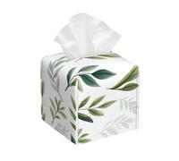 Square Tissue Box Cover, Leather Tissue Cube Box Holder, Watercolor Leaves Green Plant Facial Paper Case for Tabletop, Bathroom, Car, Office 5.2"x5.2"x5.2"in