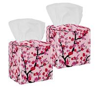 Square Tissue Box Cover, Tissue Box Holder Facial Paper Organizer Dispenser for Bathroom, Night Stands, Desk, Car, Office, 5X5X5'', Pink Red Japanese Cherry Blossoms Flowers