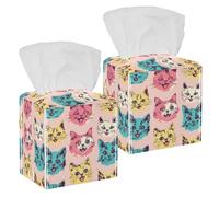 Square Tissue Box Cover, Tissue Box Holder Facial Paper Organizer Dispenser for Bathroom, Night Stands, Desk, Car, Office, 5X5X5'', Happy Kitten Faces with Crazy Colors