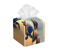 Square Tissue Box Cover/Turtles on The Beach Print Leather Tissue Holder with Bottom Belt, for Modern Home Office Decor
