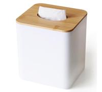 Square Tissue Box Cover, White Tissue Box Cover with Bamboo Lid, Tissue Box Cover Square Tissue Box Holder Square, Cube Tissue Box Cover Bathroom Tissue Holder for Bathroom Living Room Office Toilet