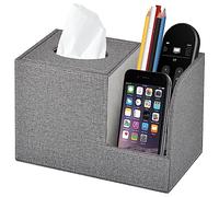 Square Tissue Box Cover with Storage - Stylish PU Leather Cube Tissue Box Holder with 2 Side Organizer, Decorative Tissue Box for Living Room Vanity Night Stand Table Countertop Office,Grey