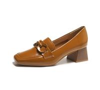 Square Toe Loafers Block Heel Leather Flats French British Style Casual Shoes, Soft Leather Comfortable Versatile for Commute Brown