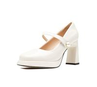 Square Toe Mary Jane Low Cut Pumps for Women - Wedding Bridemaid Platform Court Shoes, Non-Slip High Heels for Prom Night,White,4 UK