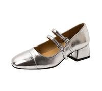 Square Toe Mary Janes,Block Heels Mary Janess,with Buckle On The Side,Soft Texture,Non-Slip Rubber Sole,Can Be Worn with Dress,Skirt Or Wide-Leg Pants Silver