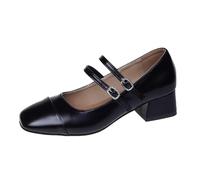 Square Toe Mary Janes,Block Heels Mary Janess,with Buckle On The Side,Soft Texture,Non-Slip Rubber Sole,Can Be Worn with Dress,Skirt Or Wide-Leg Pants Black