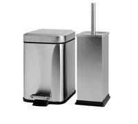 Harbour Housewares Bathroom Bin & Brush Set - Brushed - 2pc Square Stainless Steel Pedal Bin & Toilet Brush Set Slim Small Trashcan for Kitchen Waste, Bathroom Rubbish
