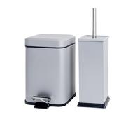 Harbour Housewares 3L Bathroom Bin & Brush Set - Matt Grey - Square Stainless Steel Slim Trashcan Pedal Bin & Toilet Brush Set