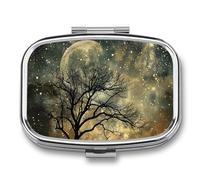 Square Tree Without Leaves Pill Box Small Pill Case with 2 Compartment Portable Metal Medicine Organizer Mini Travel Medicine Vitamin Supplement Container for Pocket Purse