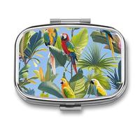 Square Tropical Plants and Parrots Pill Organizer Pill Box 3 Compartment Portable Travel Medicine Case Daily Mini Compact Medicine Container Storage Vitamin Supplement Dispenser