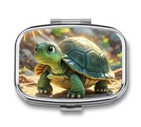 Square Turtle in The Sun Pill Box Small Pill Case with 2 Compartment Portable Metal Medicine Organizer Mini Travel Medicine Vitamin Supplement Container for Pocket Purse