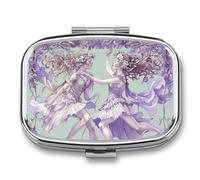 Square Two Fairies Dancing Pill Box Small Pill Case with 2 Compartment Portable Metal Medicine Organizer Mini Travel Medicine Vitamin Supplement Container for Pocket Purse