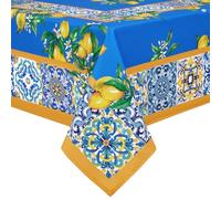 Square Vintage Lemon Tablecloth 55x55 Inch, Waterproof Polyester Cotton Table Cloth, Tile Flower Pattern Tablecloths for Spring Summer, Fabric Tablecloth for Indoor/Outdoor/Picnic/Party Decorative